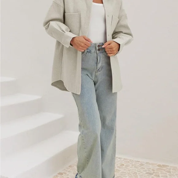 MEROKEETY  2024 Fall Oversized Long Sleeve Shacket Jacket Button Down Wool blend - Picture 2 of 5